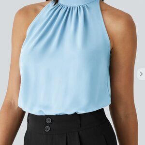 Keyhole Back Halter Sleeveless Curved Hem Work Blouse